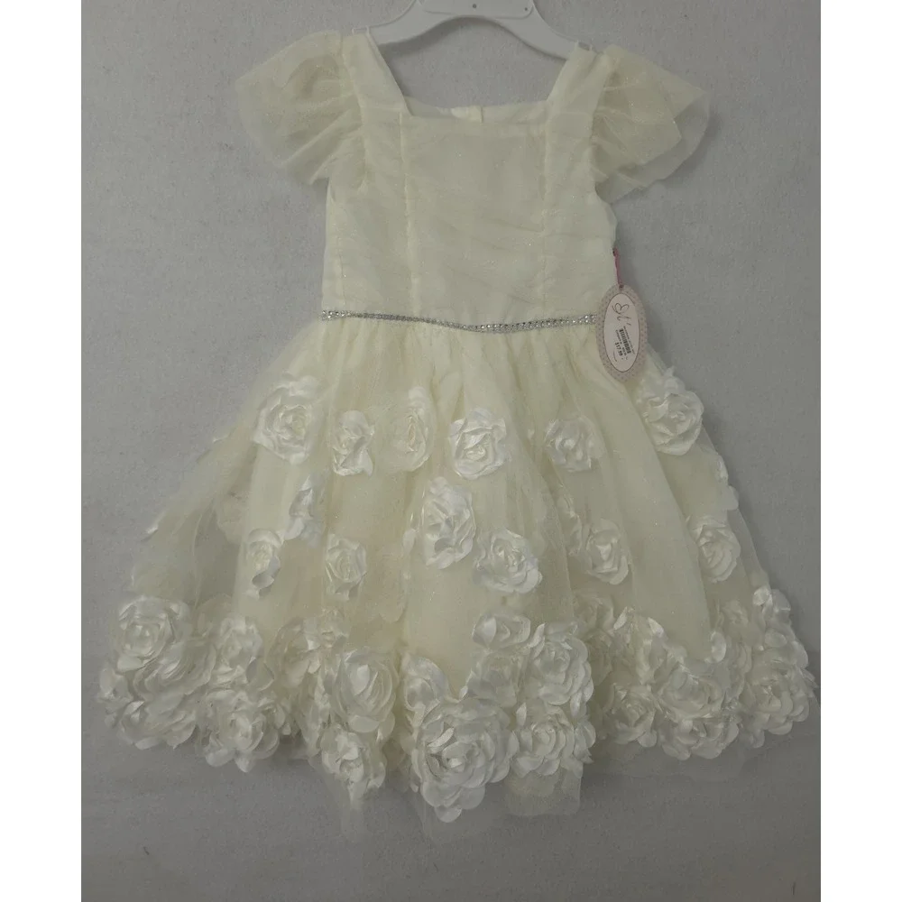 Nannette cream and‎ white girls' dress a sparkling waistband and 3D floral Sz 6X